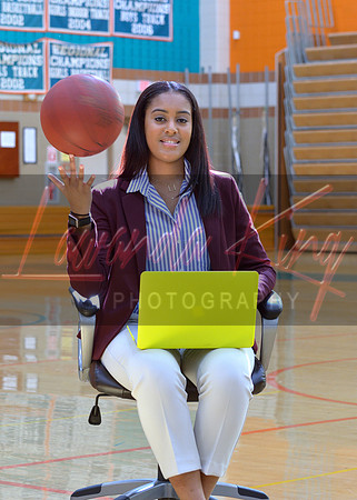 High school senior with basketball & laptop during studio session Westlake High School in Waldorf MD